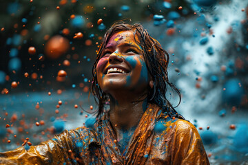 Portrait of a boy with his face covered in Holi colors. Holi festival concept