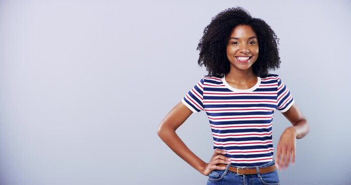 Happiness, studio and African woman point at commercial sales offer, service recommendation and discount promotion choice. Mockup ads space, news presentation and portrait person on white background