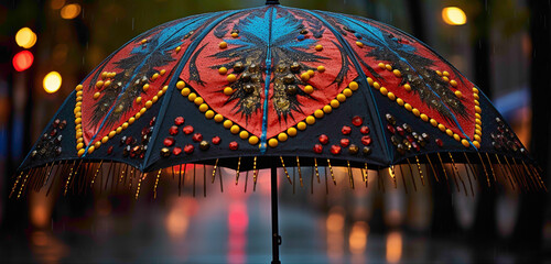 A uniquely shaped and creatively decorated umbrella against a backdrop of vivid rain.