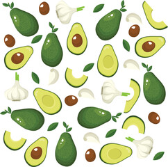 Cute avocado with leaves and funny faces on a white background with outline avocado. Endless texture with kawaii fruit characters. Half an avocado with and without pit. Vector seamless pattern, print