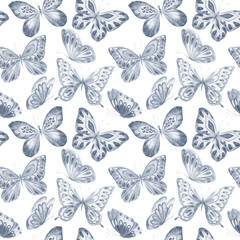Watercolor seamless pattern. Vintage blue butterflies on white background. Hand drawn illustration