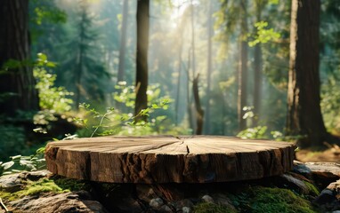 Visualize a natural wood podium board platform positioned in the heart of an forest landscape, stand mockup