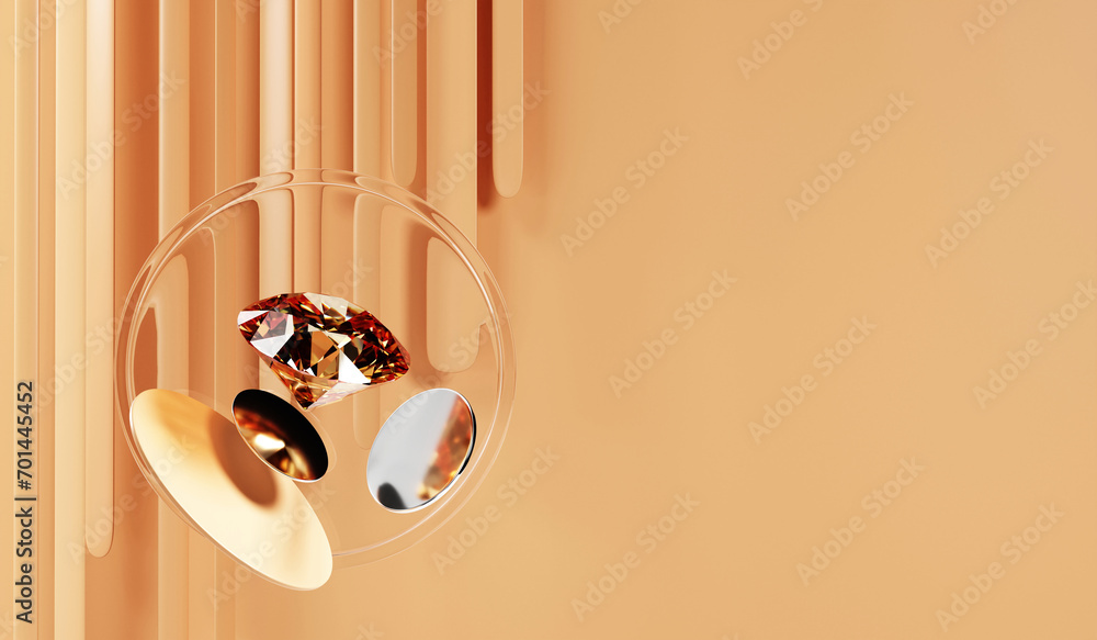 Poster abstract amber diamond gem with abstract background 3d rendering