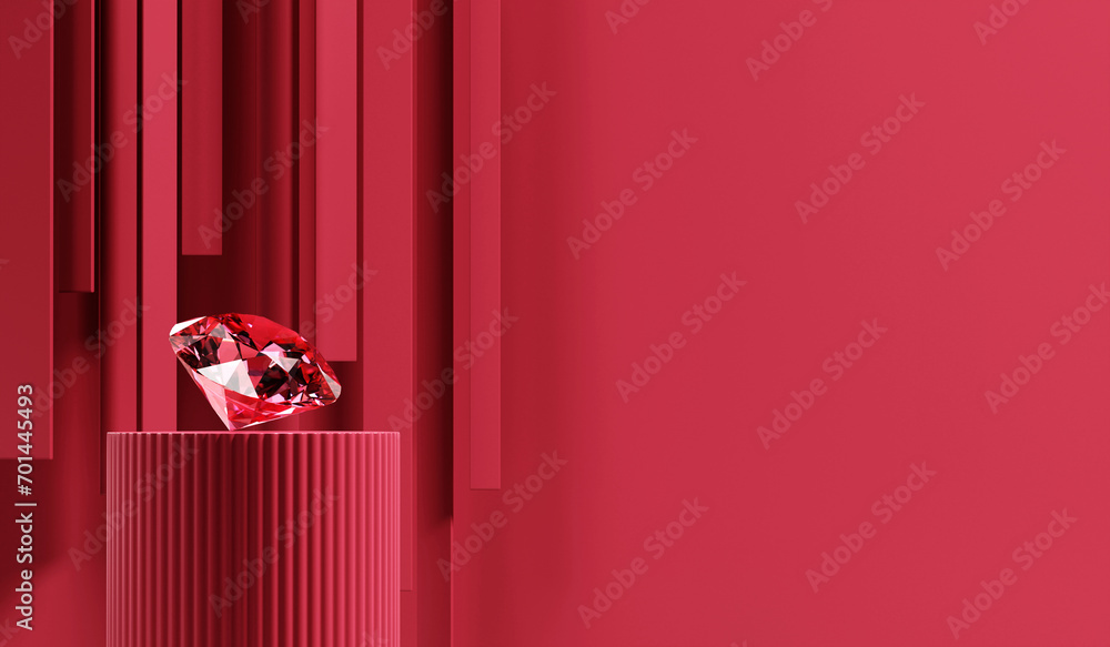 Poster abstract ruby diamond gem placed on red pedestal background 3d rendering