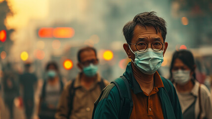 middle-aged Asian man wearing glasses and a surgical mask stands in front of a hazy, bustling street with other masked people walking by