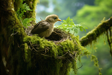 Photo of the Srigunting bird in its nest overlooking a green field