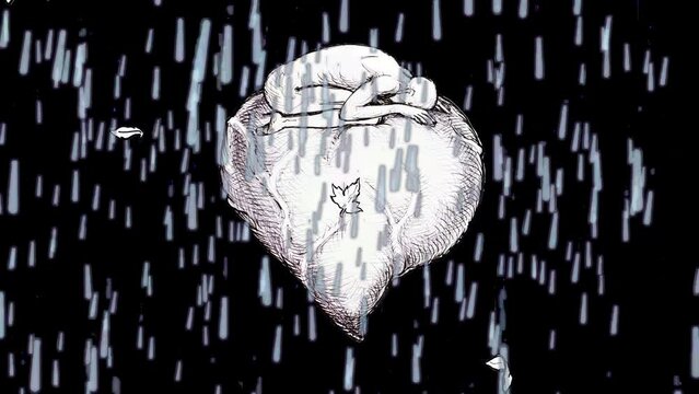 Ink drawing loop animation over black screen, surrender to love concept under the rain