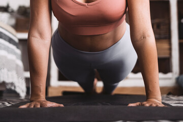 Beautiful girl sport at home . Fitness exercise, abs , smart training, exercise, home workout - push up balanced position for healthy lifestyle people concept and indoor sport routine leisure activity
