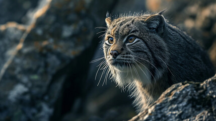 Obraz premium Manul cat in the wild, illustration, beautiful natural nature. Portrait of Manal. Wild cats.