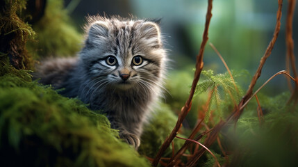 Naklejka na ściany i meble Manul cat in the wild, illustration, beautiful natural nature. Portrait of Manal. Wild cats.