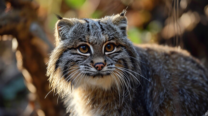 Manul cat in the wild, illustration, beautiful natural nature. Portrait of Manal. Wild cats.