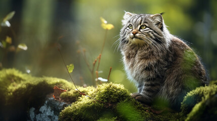 Manul cat in the wild, illustration, beautiful natural nature. Portrait of Manal. Wild cats.