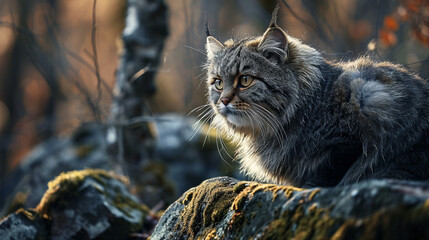 Fototapeta premium Manul cat in the wild, illustration, beautiful natural nature. Portrait of Manal. Wild cats.