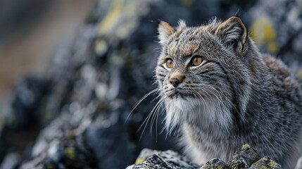 Manul cat in the wild, illustration, beautiful natural nature. Portrait of Manal. Wild cats.