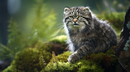 Naklejka na ściany i meble Manul cat in the wild, illustration, beautiful natural nature. Portrait of Manal. Wild cats.