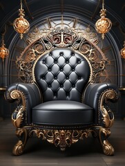 Luxury Black Leather Armchair with Gold Ornaments