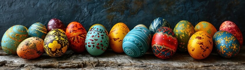 Easter eggs arranged in a random order laying on wooden surface on dark blue background with copy space, each egg featuring its own unique pattern and color, creating a vibrant mosaic
