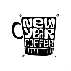 minimalist silhouette illustration of a cup with new year coffee typography