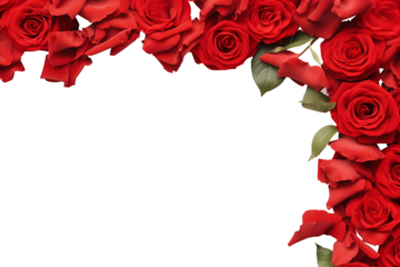 Red rose flower flora scattered flat lay composition top view on transparent background cutout, PNG file. Mockup template for artwork. Wallpaper banner border	
