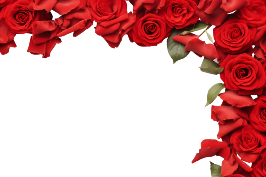 Red rose flower flora scattered flat lay composition top view on transparent background cutout, PNG file. Mockup template for artwork. Wallpaper banner border	
