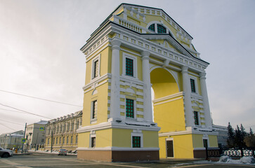 Famous architectural building landmark, triumphal arch in Irkutsk, Russia