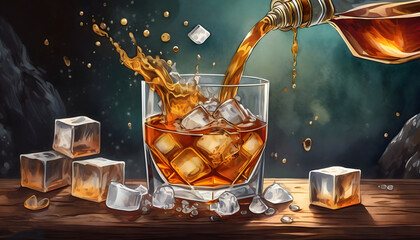 Whiskey with rocks or ice cubes in a glass with ice in a dark wooden background. AI Generated.
