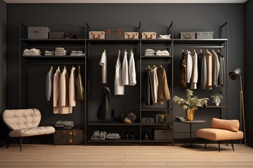 A luxurious and premium wardrobe room for men's outfits and clothes