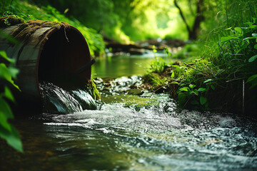 Waste water pipe flowing into a river. Lush green environment contrasted with pollution from pipe. - obrazy, fototapety, plakaty