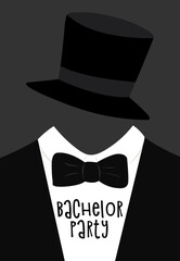 Illustration for bachelor party with suit, bow tie and hat.