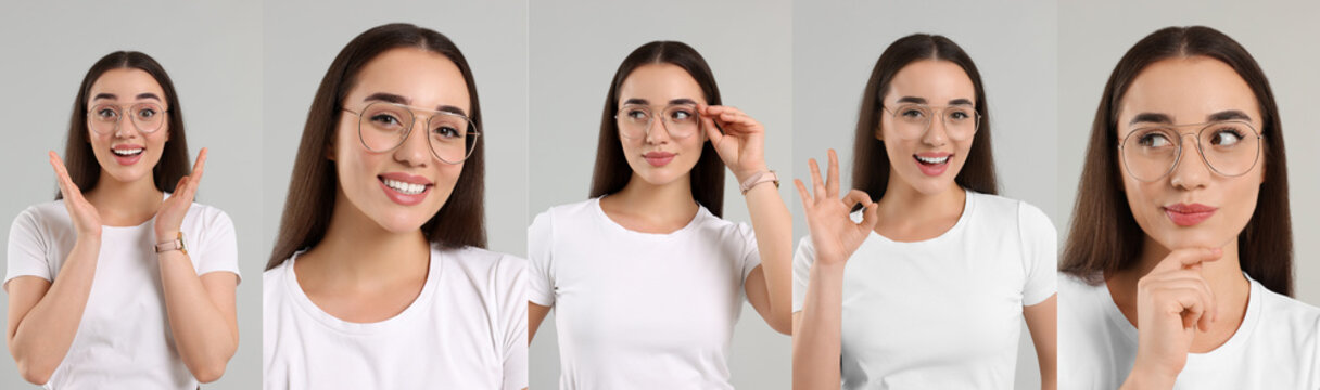 Woman in glasses on light grey background, collection of photos