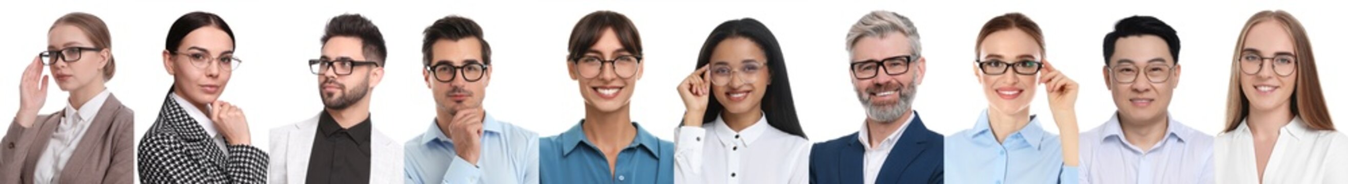 Many people in glasses on white background, collection of photos