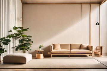 Modern living room interior design in the minimalist Japanese style. Couch and chair in beige against the wall, with copy space.