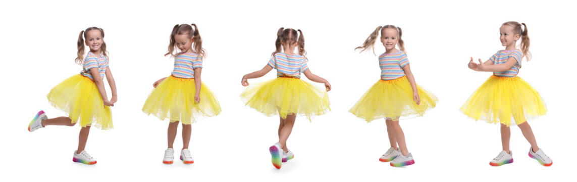 Cute little girl in tutu skirt dancing on white background, set of photos