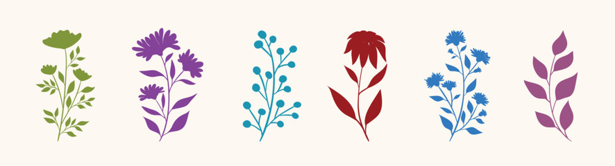 Minimal feminine botanical floral branch in silhouette style. Hand drawn wedding herb, minimalistic flowers with elegant leaves. Botanical rustic trendy greenery vector