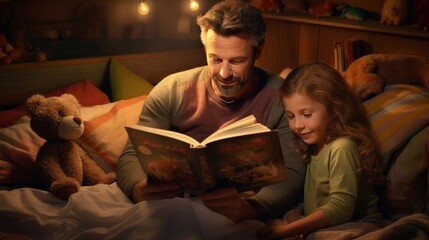 Child listens to a fairy tale that dad reads to them in the evening before going to bed. - obrazy, fototapety, plakaty