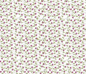Vector - Abstract seamless pattern of cute doodle flower, green leaves on white background. Can be use for print, paper, wrapping, fabric. Cute image