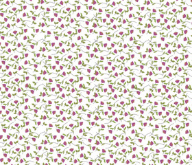 Vector - Abstract seamless pattern of cute doodle flower, green leaves on white background. Can be use for print, paper, wrapping, fabric. Cute image