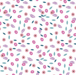 Vector - Abstract seamless pattern of cute doodle flower, green leaves on white background. Can be use for print, paper, wrapping, fabric. Cute image