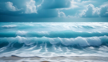 Fototapeta premium Sea wave during storm in ocean. Beautiful sea wave with cloudy sky. desktop and mobile wallpaper, scenery, landscape. Generative Ai
