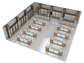 Retail floor plan with wooden display stands. 3d illustration isolated on white