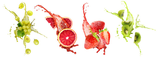 Fresh fruits with splashing juices on white background, set