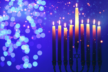 Hanukkah celebration. Menorah with burning candles on blue background with blurred lights, closeup. Space for text