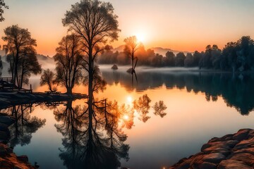 panoramic view of the stunning sunrise over the lake.
