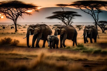 A family of elephants strolling through the dusk-filled savannah. Incredible fauna in Africa.