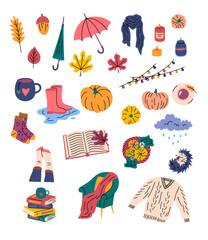 Vector autumn vibes doodles set. Collection of autumn season objects pumpkin, sweater, umbrella, pile of books, warm socks. Cozy armchair, acorn, cup of tea, garlands seasonal decor