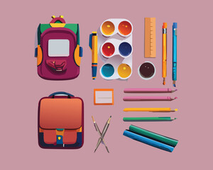 Set of school supplies. Back to school. Various accessories for study, student equipment.