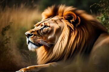  A captivating depiction of 'Wildlife Photography,' showcasing a majestic lion in its natural habitat, illuminated by perfect lighting that accentuates its regal stance and untamed beauty 