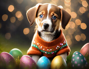 Cure puppy wearing a sweater surrounded by colorful Easter Eggs; bokeh effect