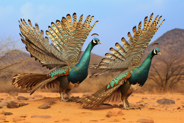 peacocks fight with each other - obrazy, fototapety, plakaty