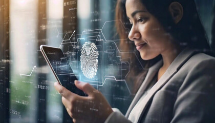 woman accessing her personal financial information on her phone using her fingerprint identification, Generative ai